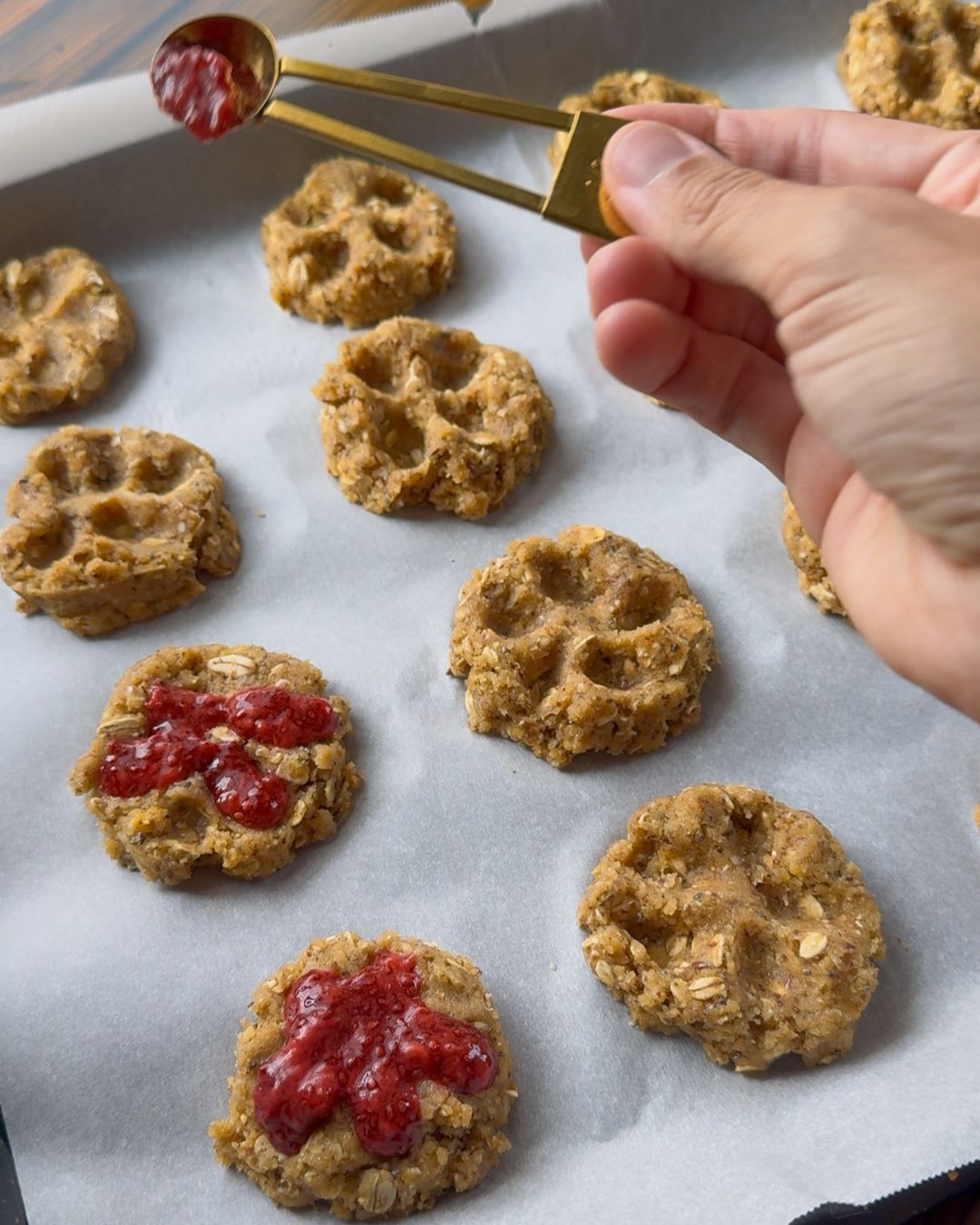 easy chia jam thumbprint oatmeal cookies