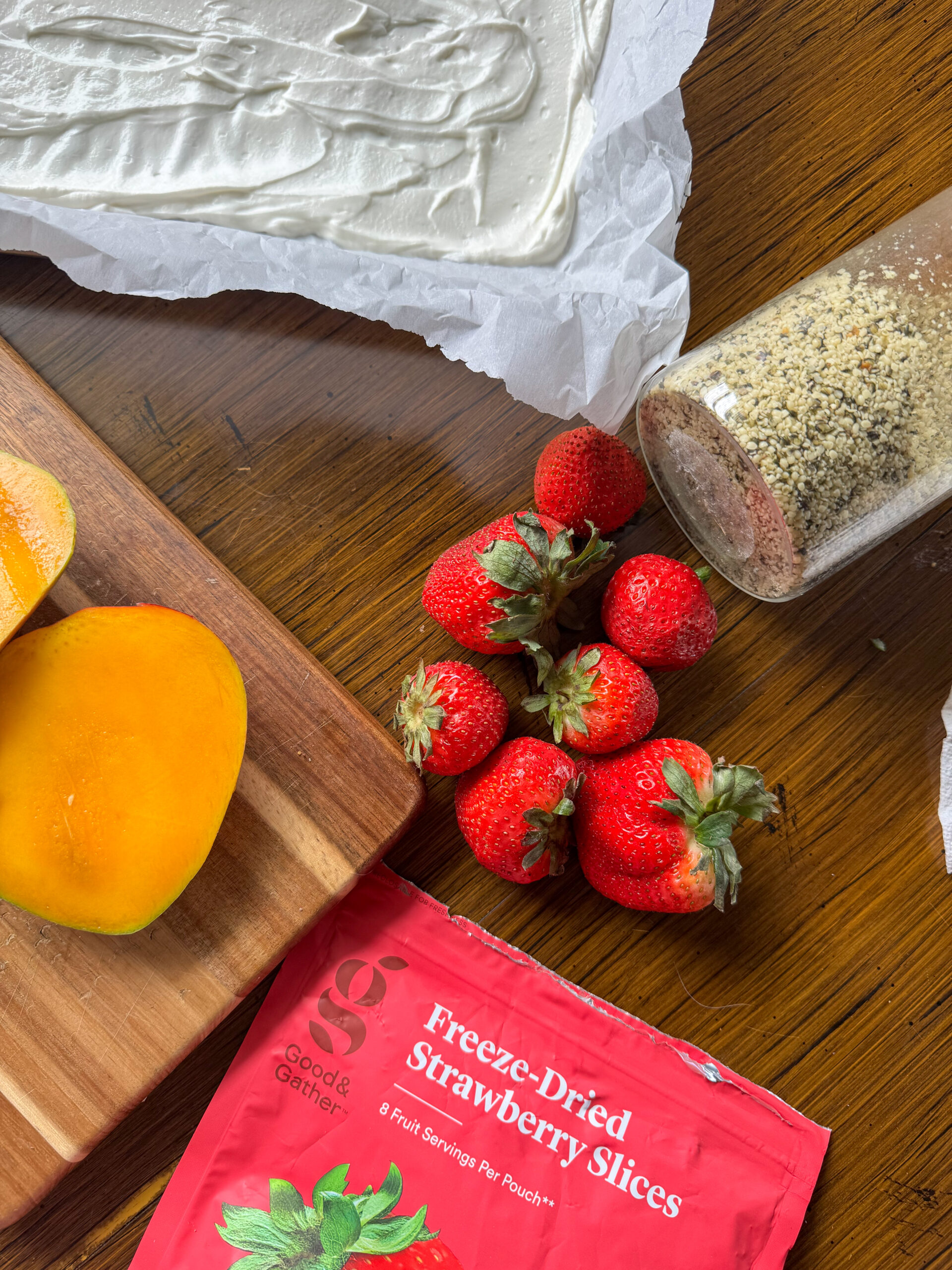 ingredients for frozen strawberry mango yogurt bark