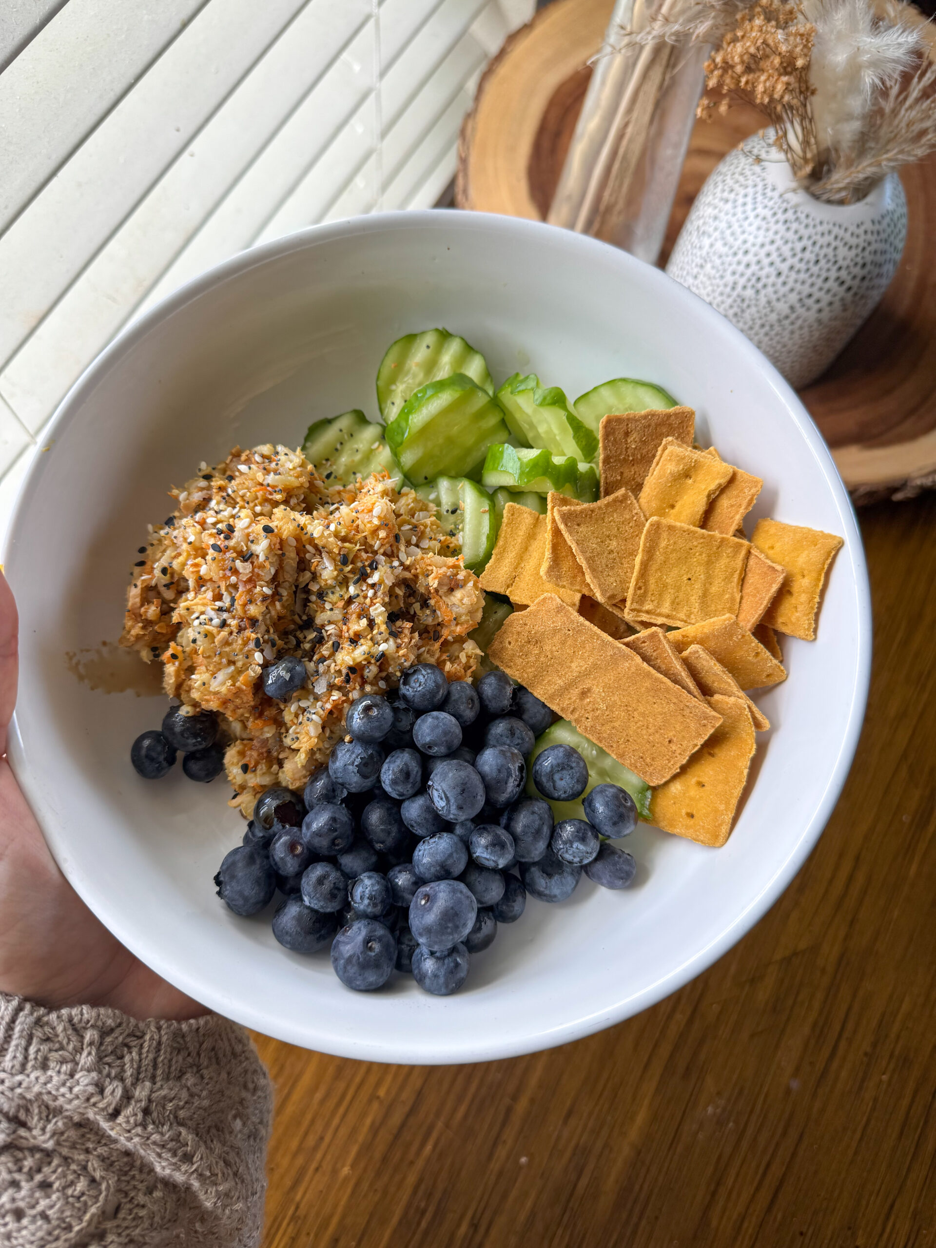 salmon rice plate with crackers and blueberries easy lunch for toddler mom
