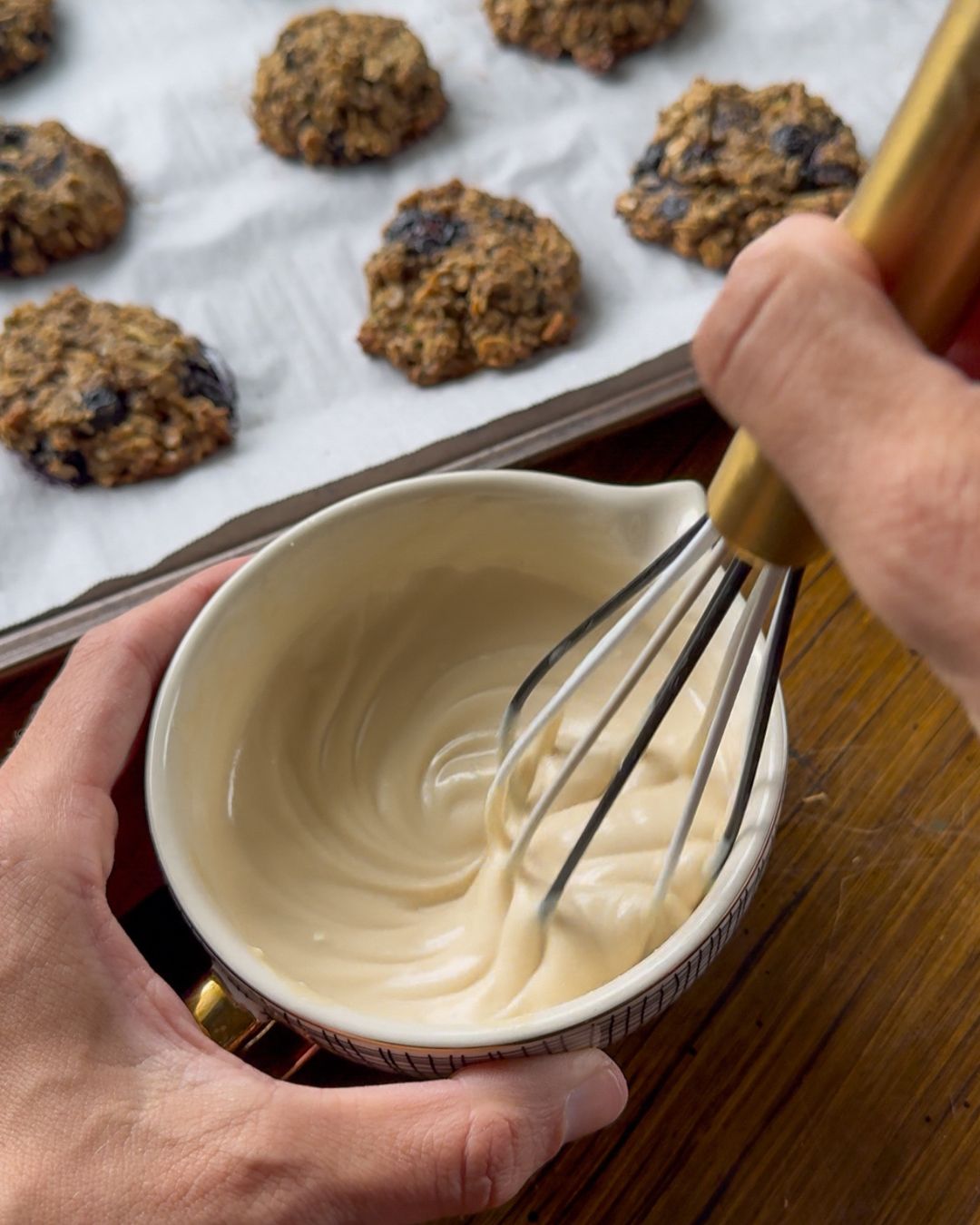 easy healthy tahini greek yogurt dip for toddlers, whisking together