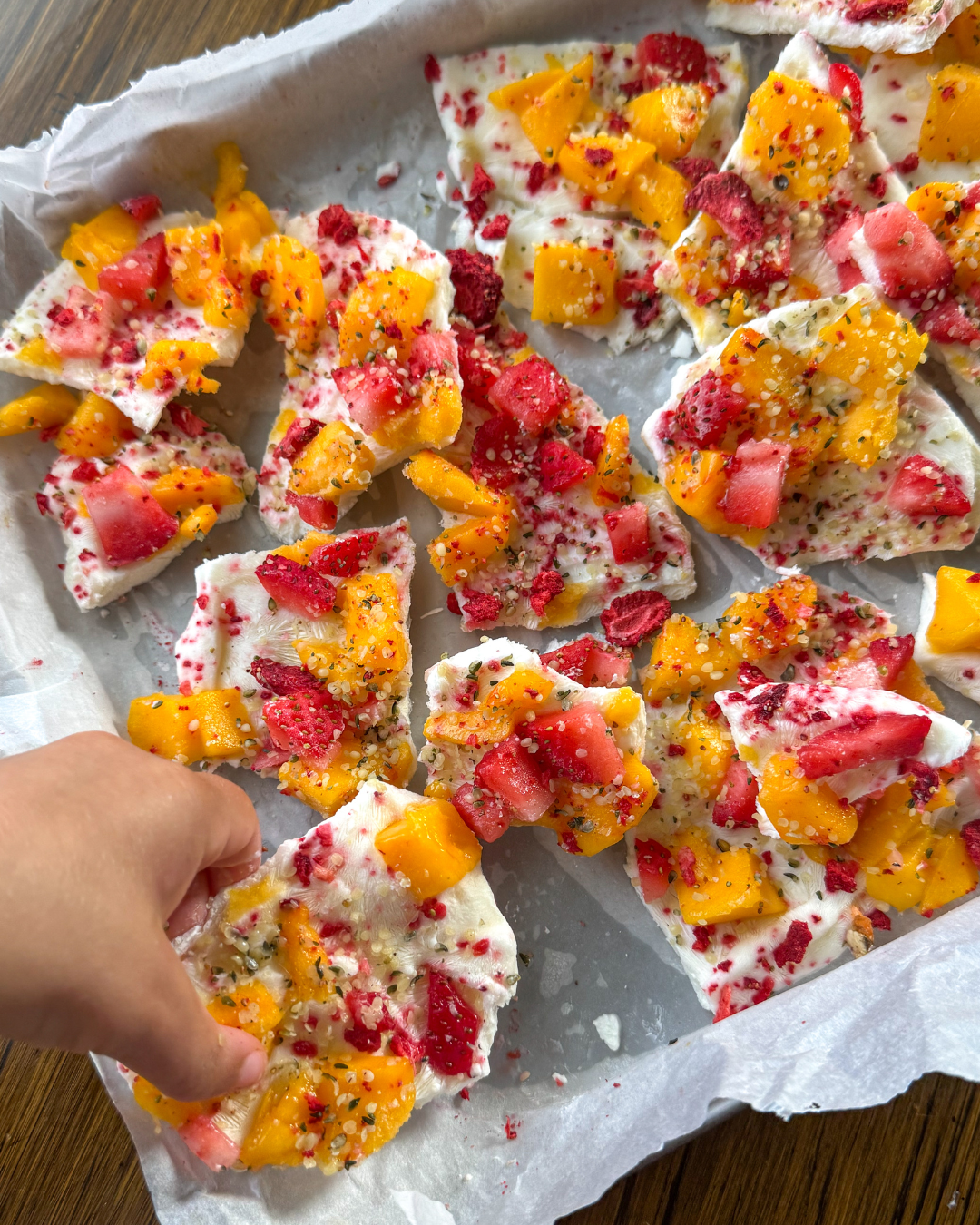 easy frozen yogurt bark with strawberry and mango