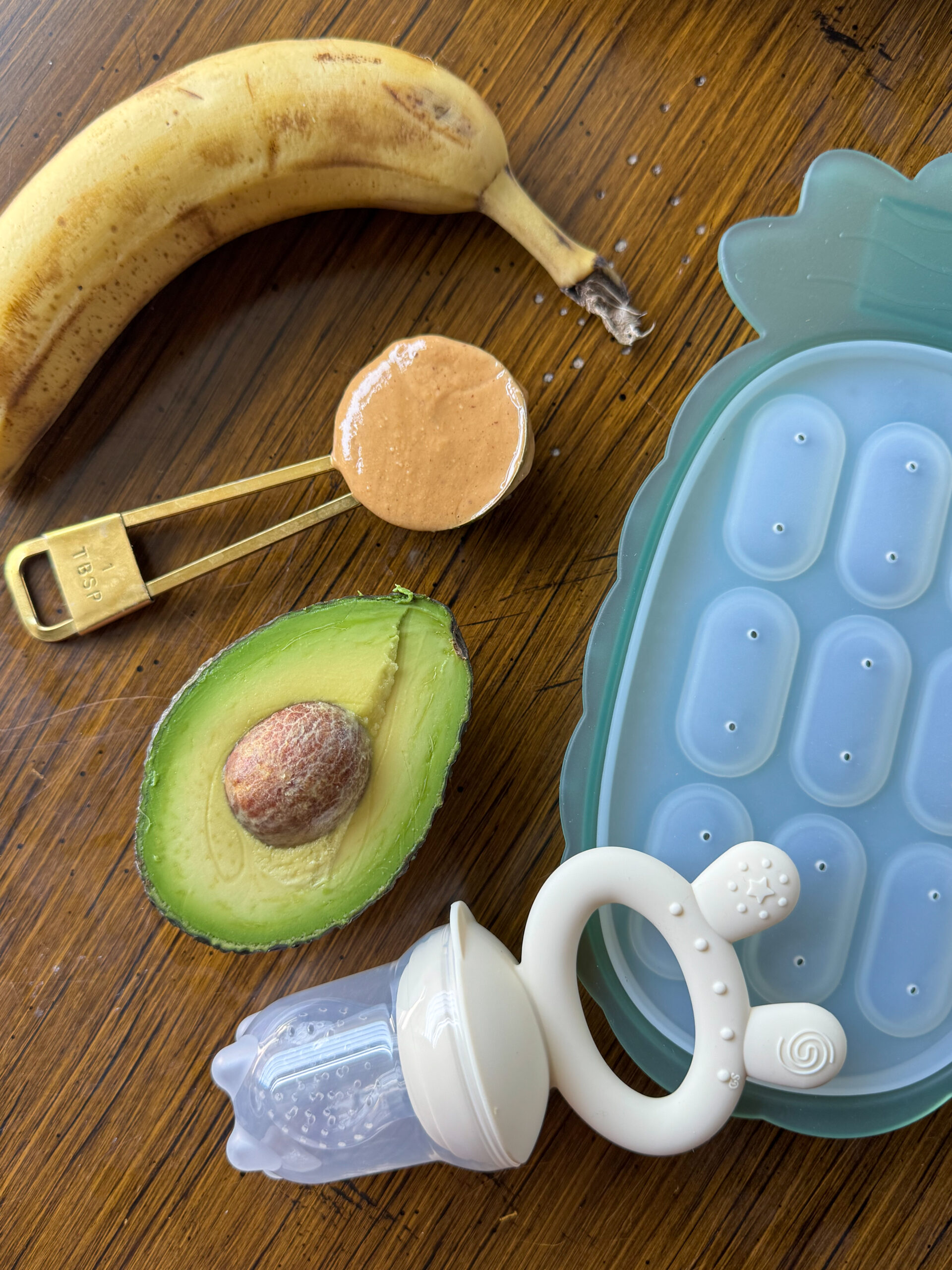 banana, peanut butter, and avocado ingredients for the smoothie popsicles