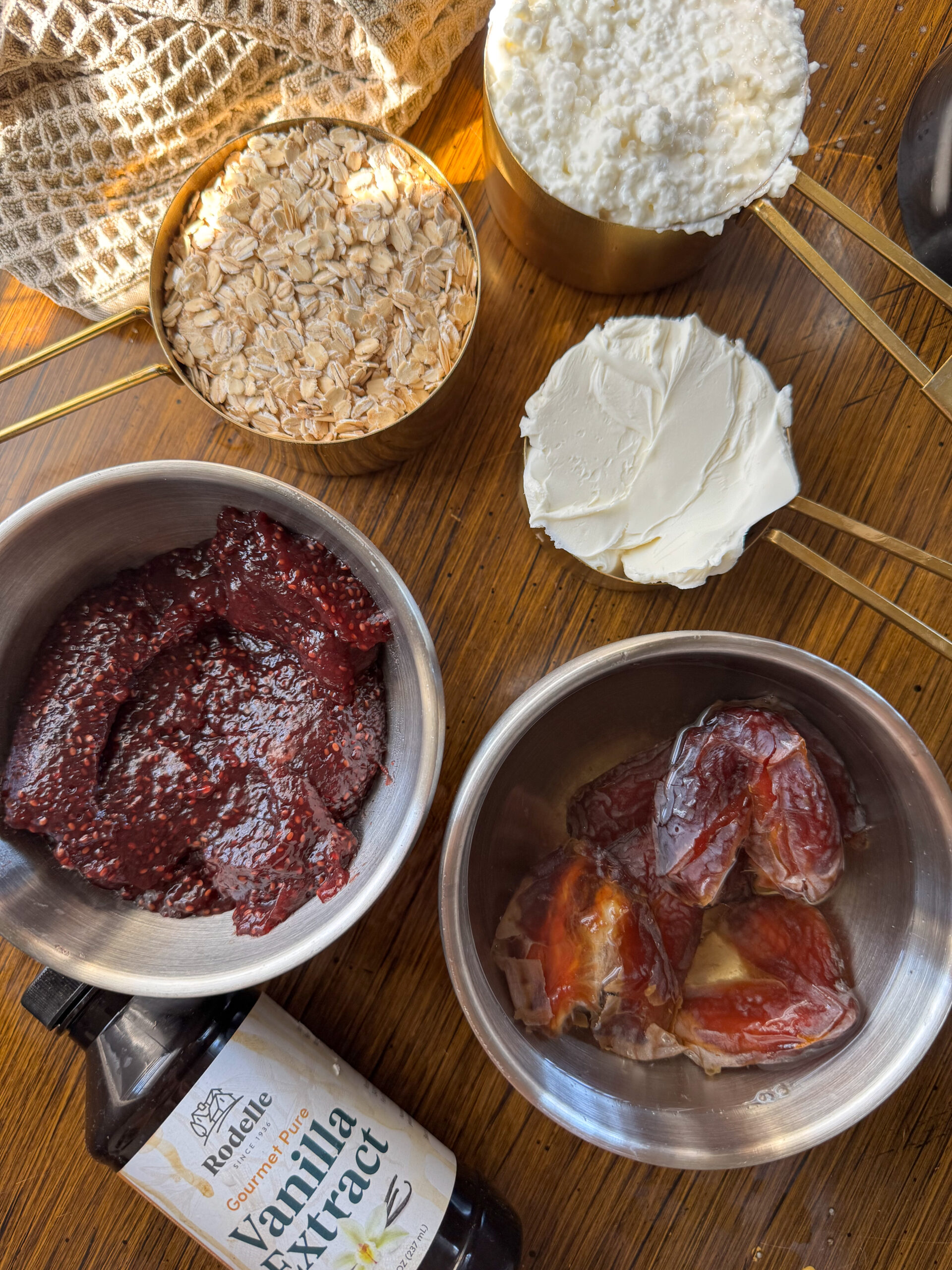 dates, chia jam, cottage cheese, cream cheese, ingredients for the cottage cheese cheesecake cups
