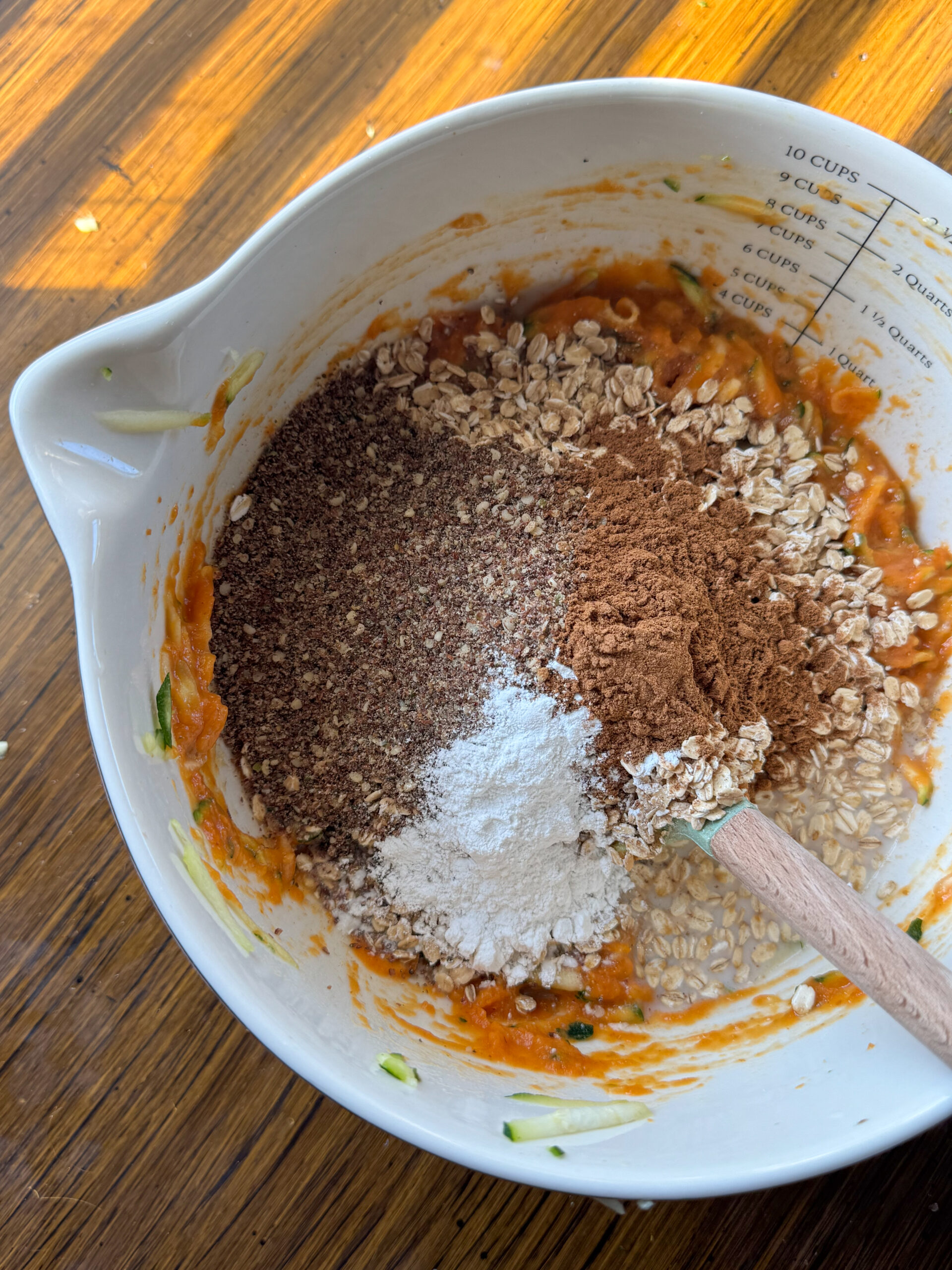 pumpkin puree, zucchini, ground flaxseed, cinnamon, and oats in a bowl