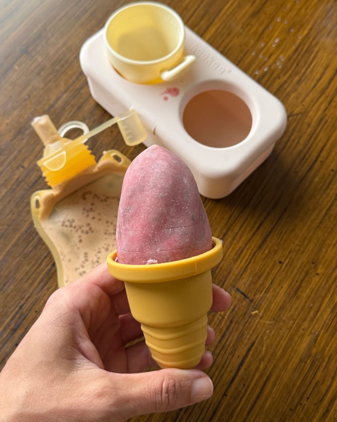 finished strawberry banana chia popsicle