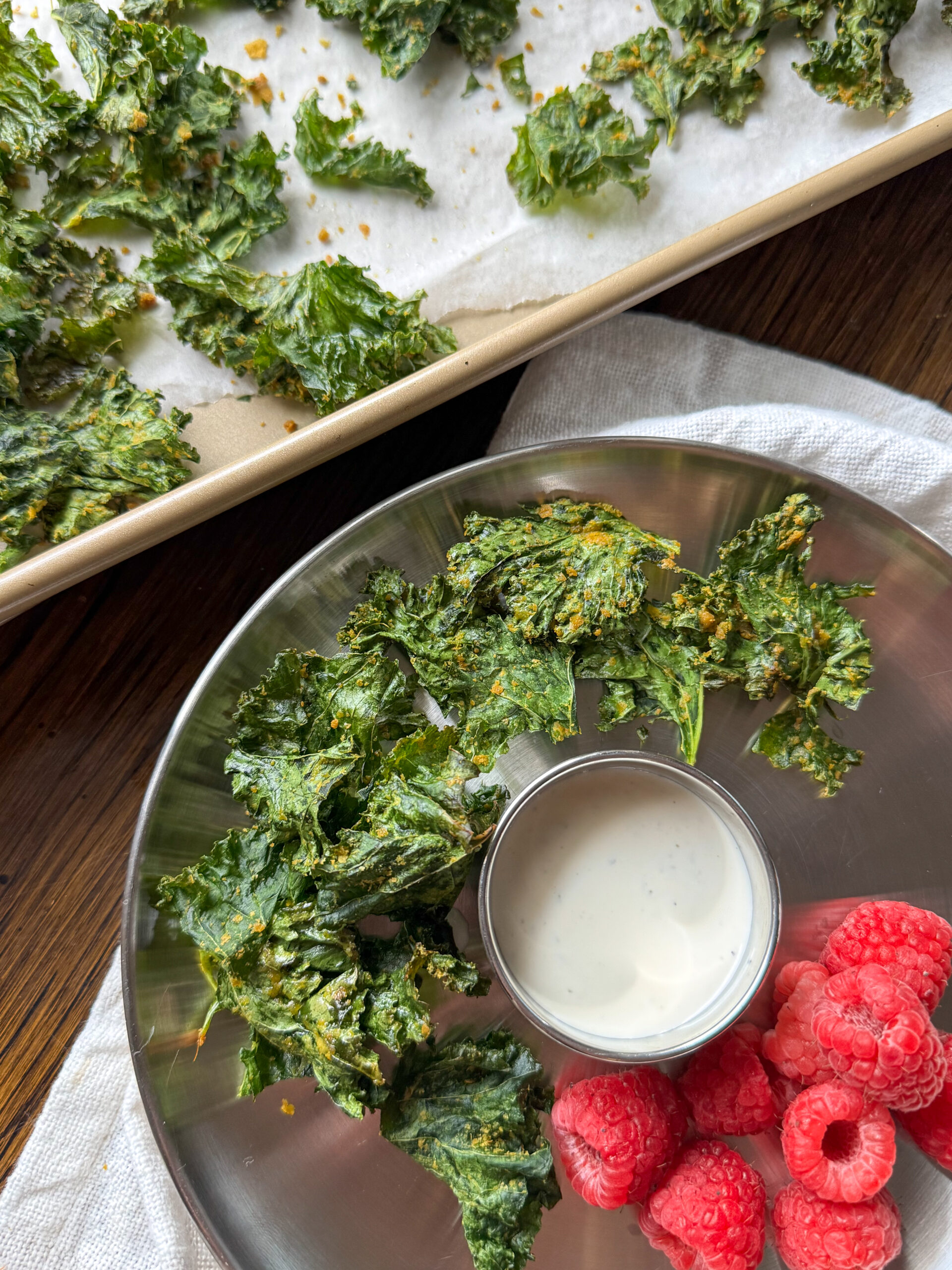 toddler friendly kale chips with raspberries as a balanced snack