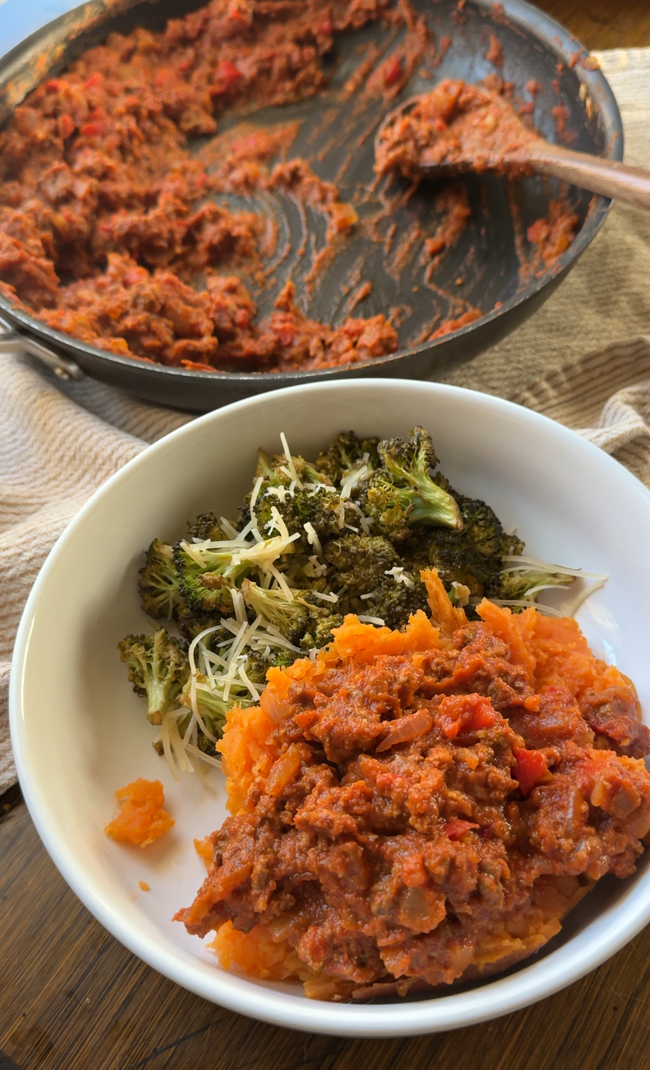 pumpkin sloppy joes inside a baked sweet potato