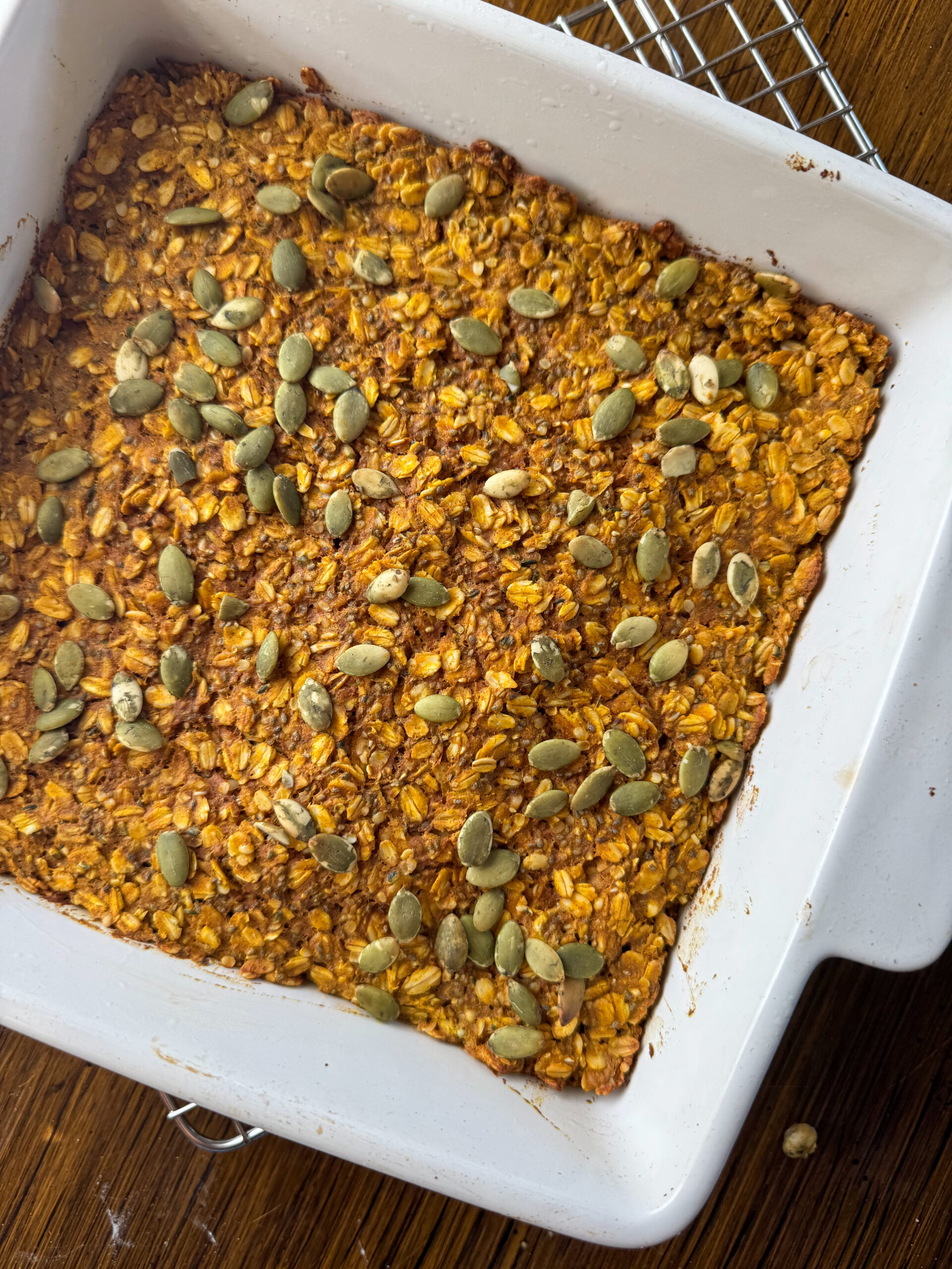 pumpkin oatmeal bars resting to cool off