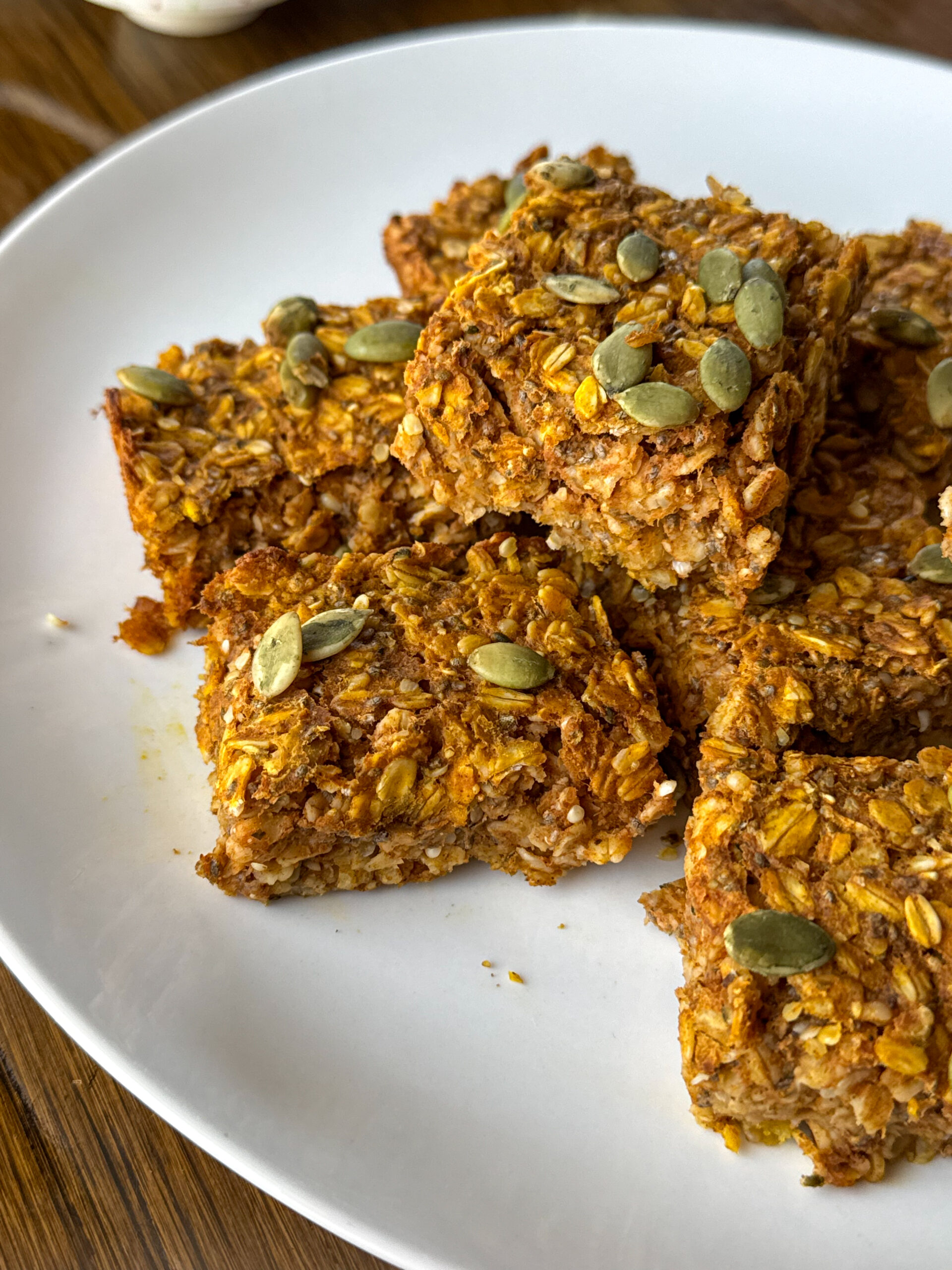 pumpkin oatmeal bars on a white plate