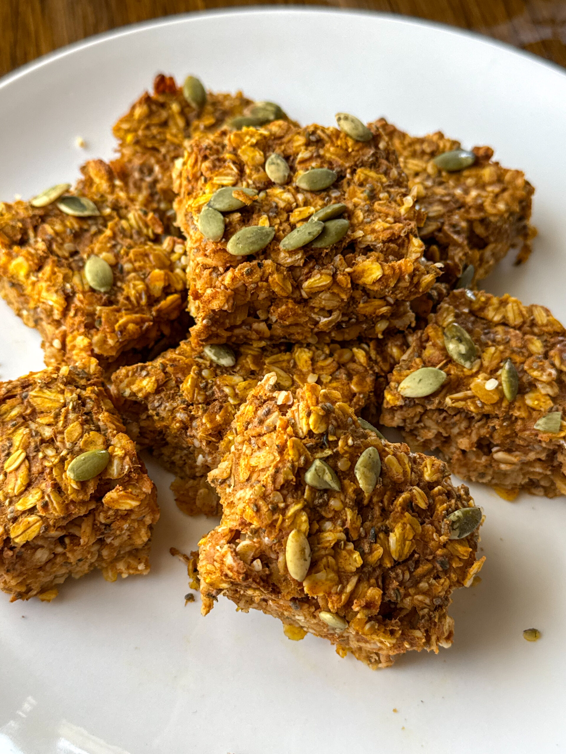pumpkin oatmeal bars on a white plate