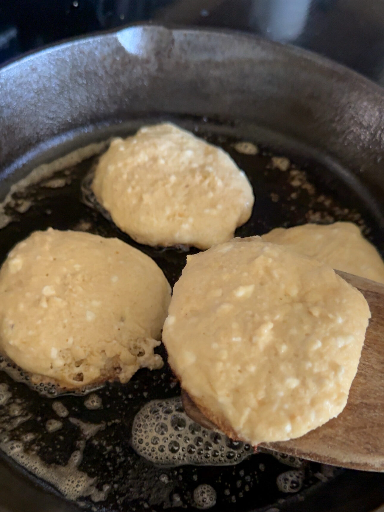 cottage cheese protein pancakes in cast iron skillet