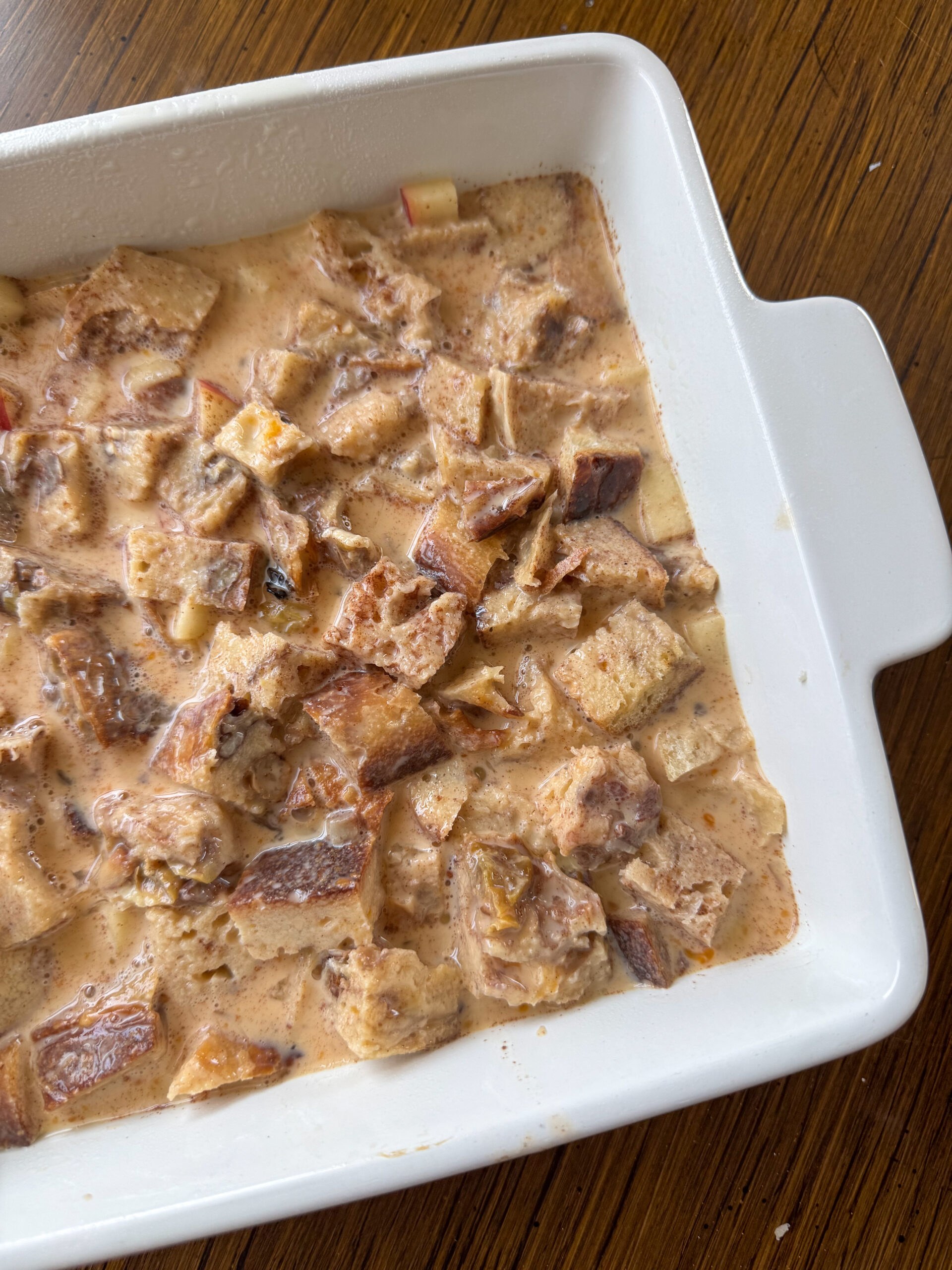 apple cinnamon french toast bake in dish 