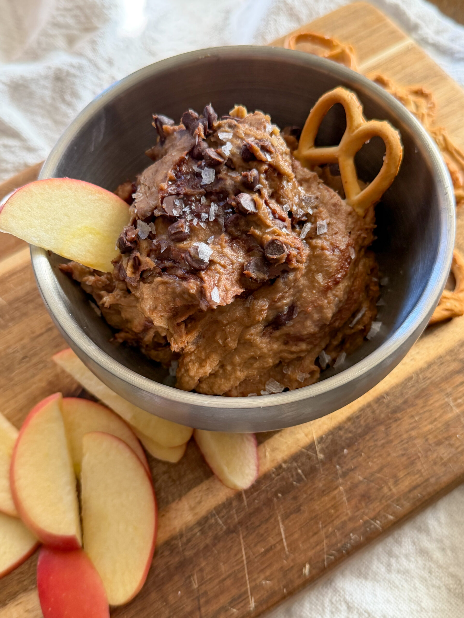 easy chickpea cookie dough with apple slices and pretzels