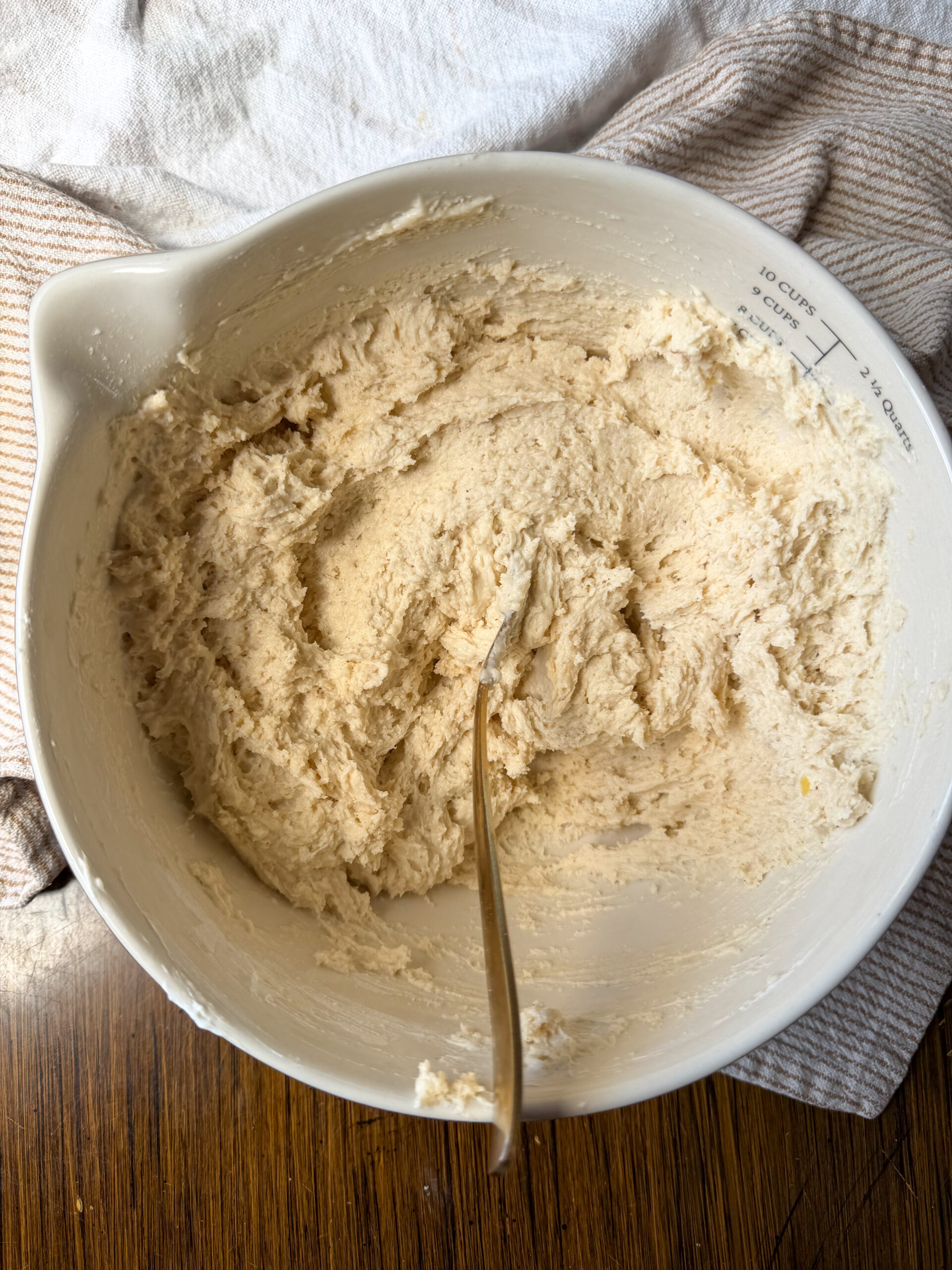mixing the wet ingredients into the muffin dough
