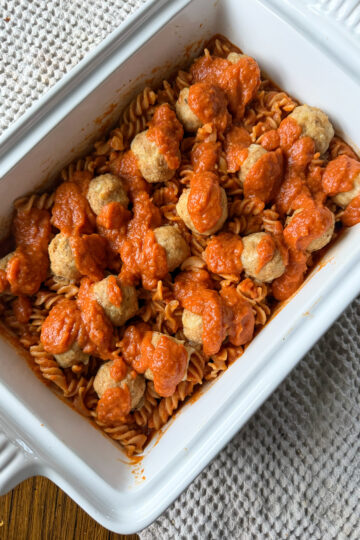 chicken parmesan meatballs with noodles and marinara sauce