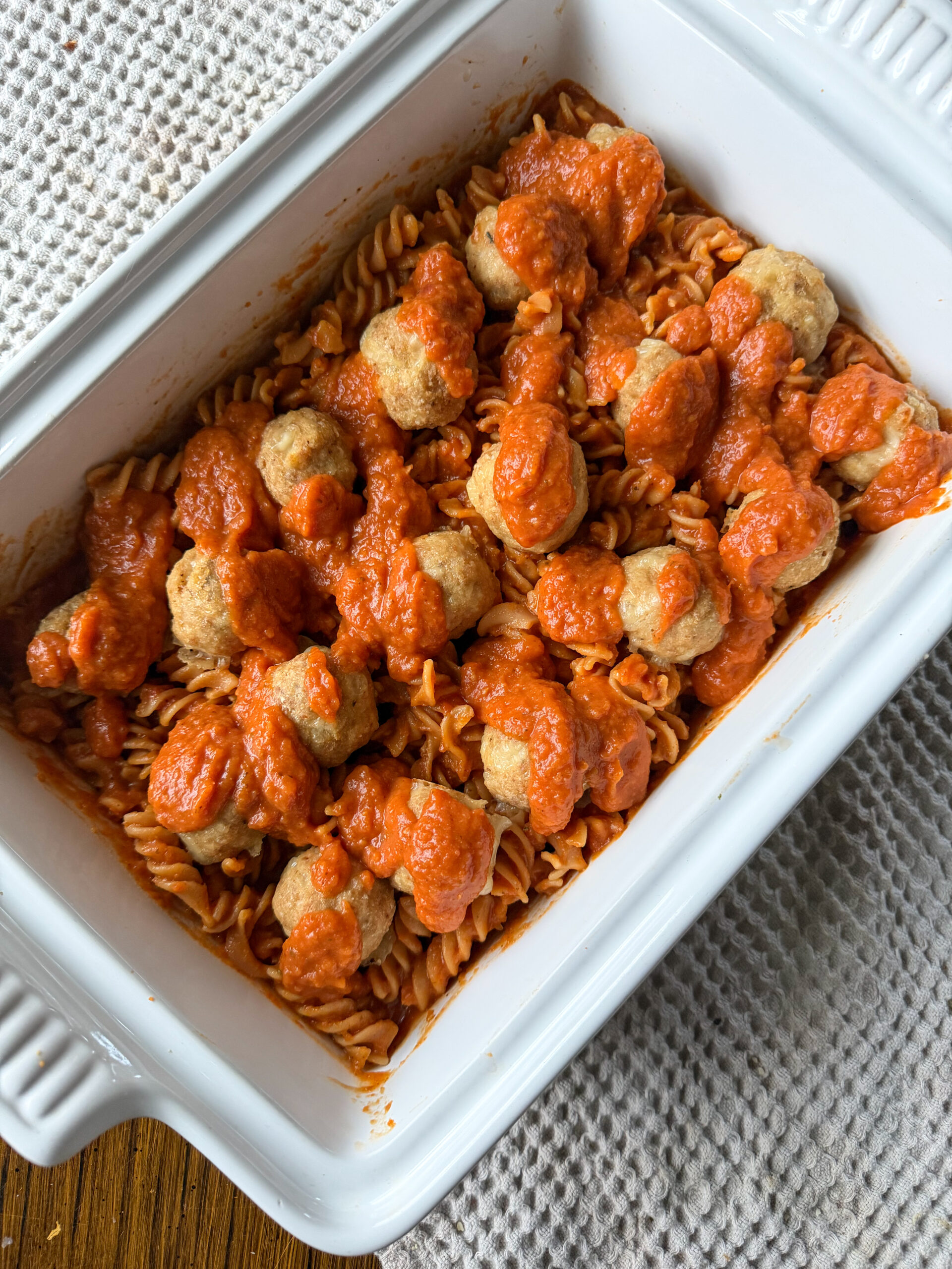 chicken parmesan meatballs with noodles and marinara sauce