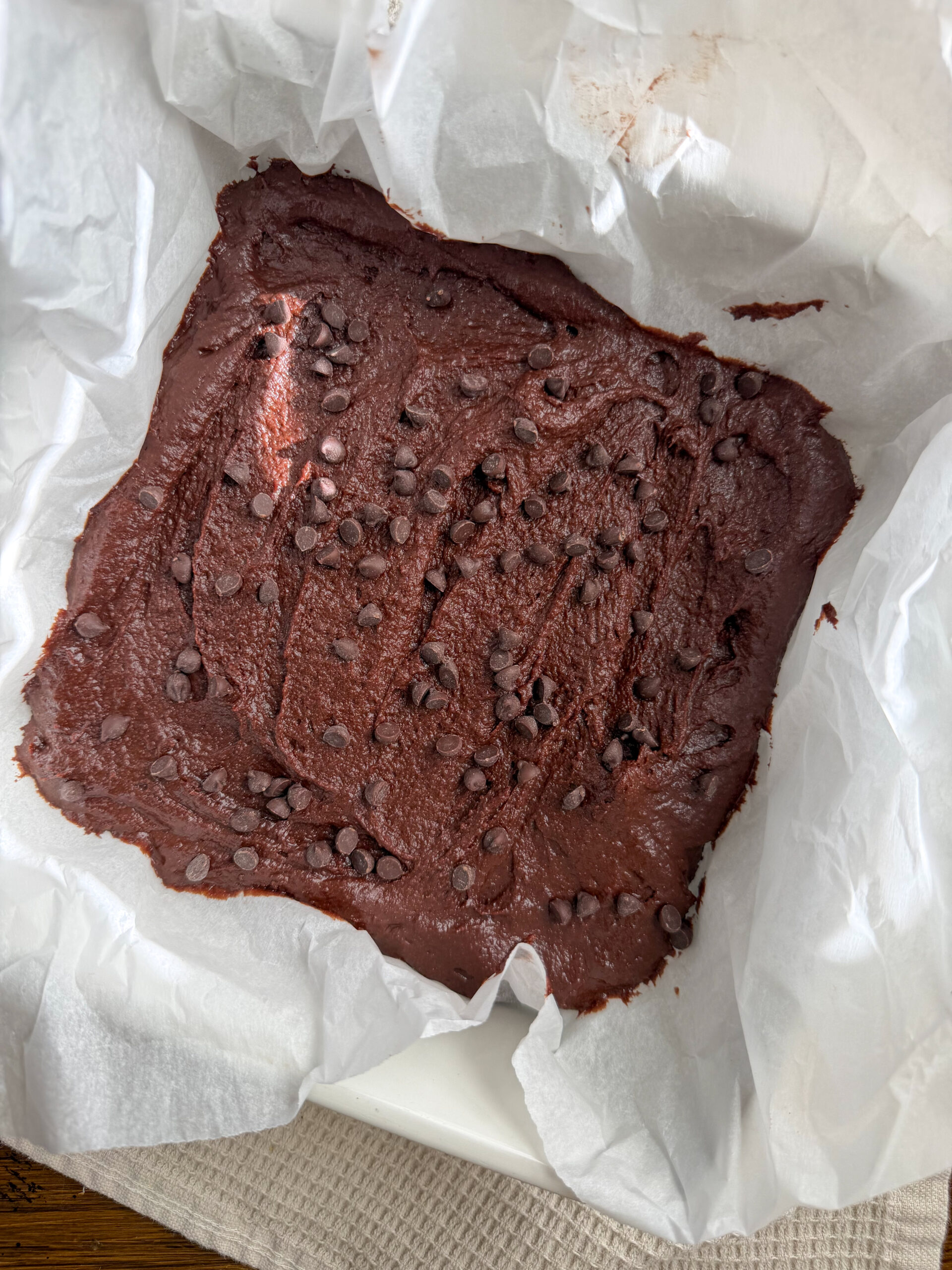 egg free black bean brownies ready to go in oven