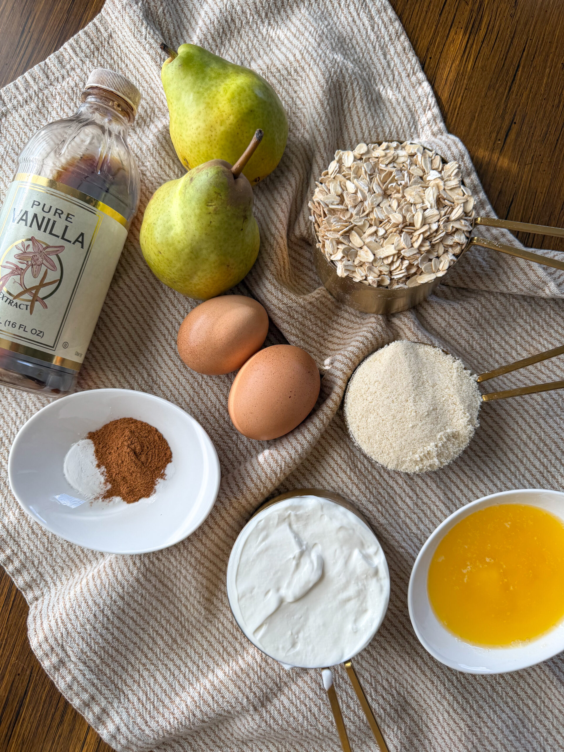ingredients for the Pear Oat Greek Yogurt Muffins (soft & naturally gluten free)
