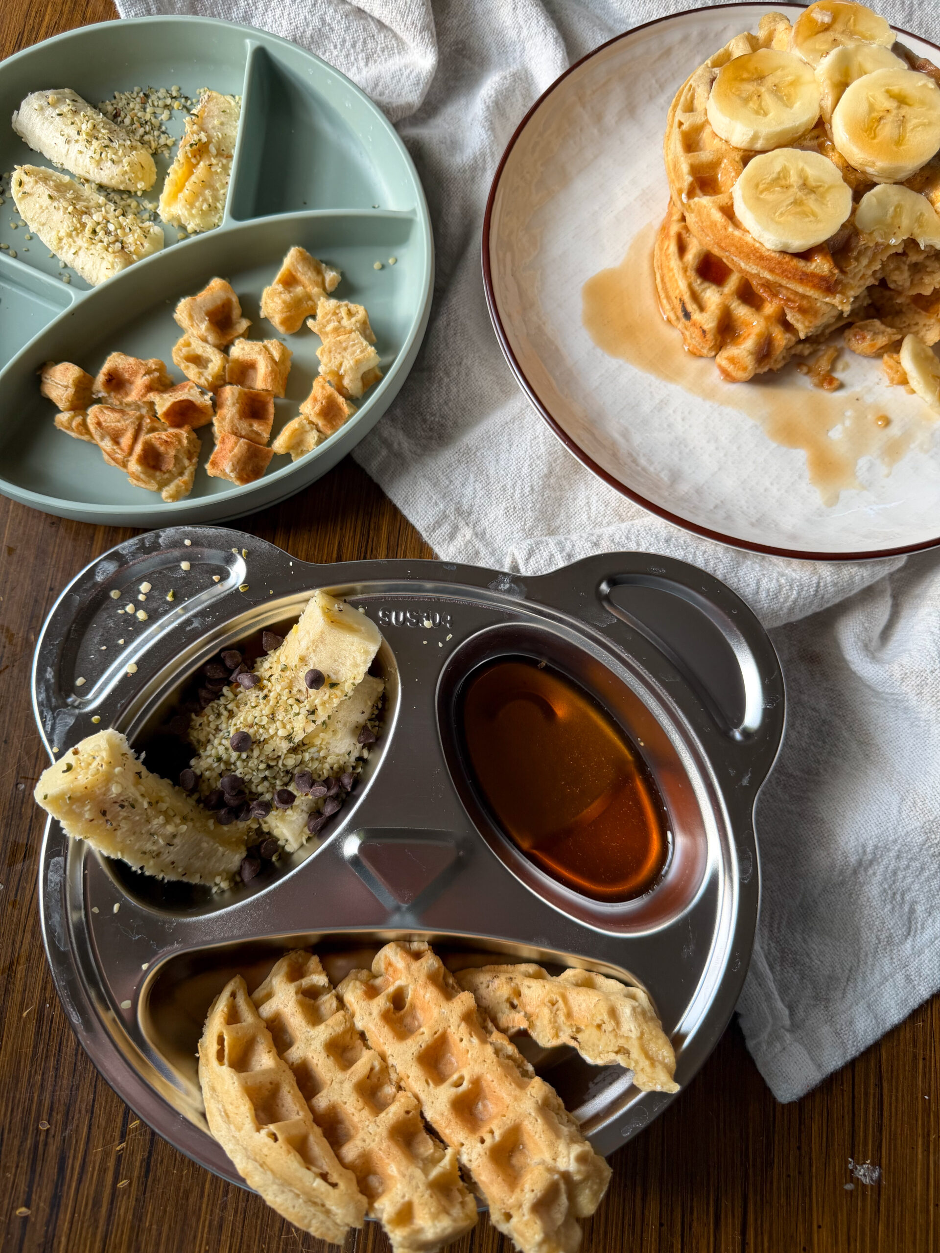 Cottage Cheese Oat Waffles (easy, high-protein & toddler-friendly) on toddler plates