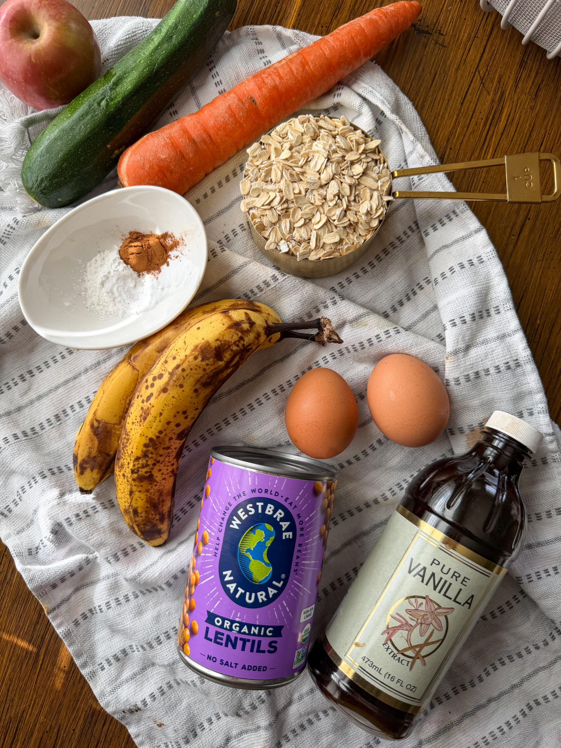 ingredients for toddler Lentil Banana Muffins (ABC veggie-packed, no added sugar)