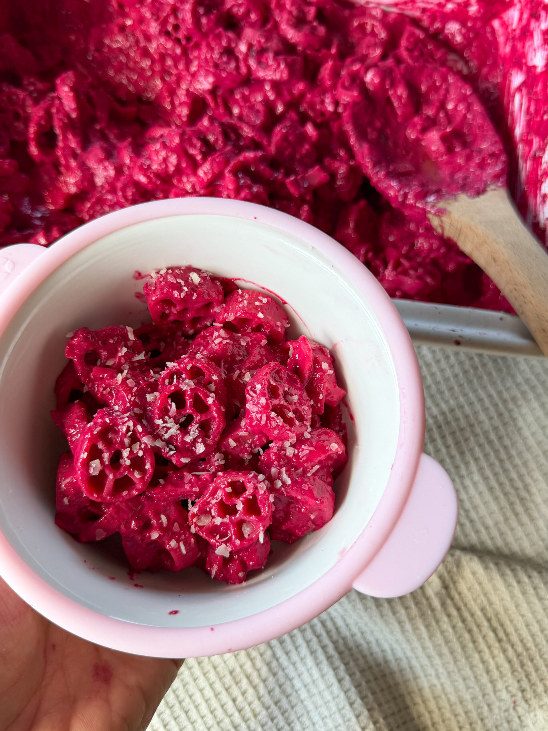 Creamy Beet Pasta Sauce (easy, toddler-friendly pink sauce) with parmesan on top