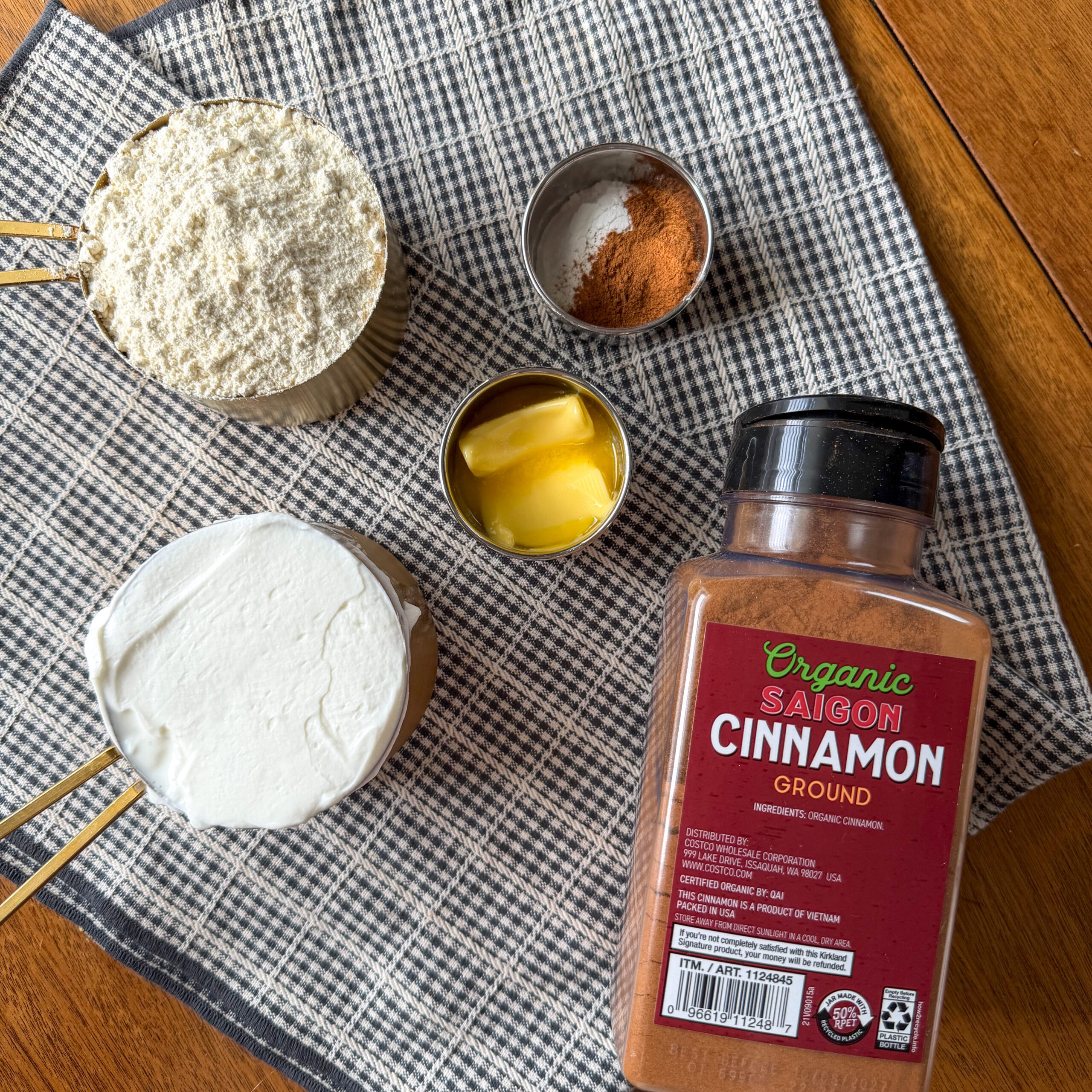 ingredients for the Greek Yogurt Cinnamon Rolls (no yeast, soft + easy to make)