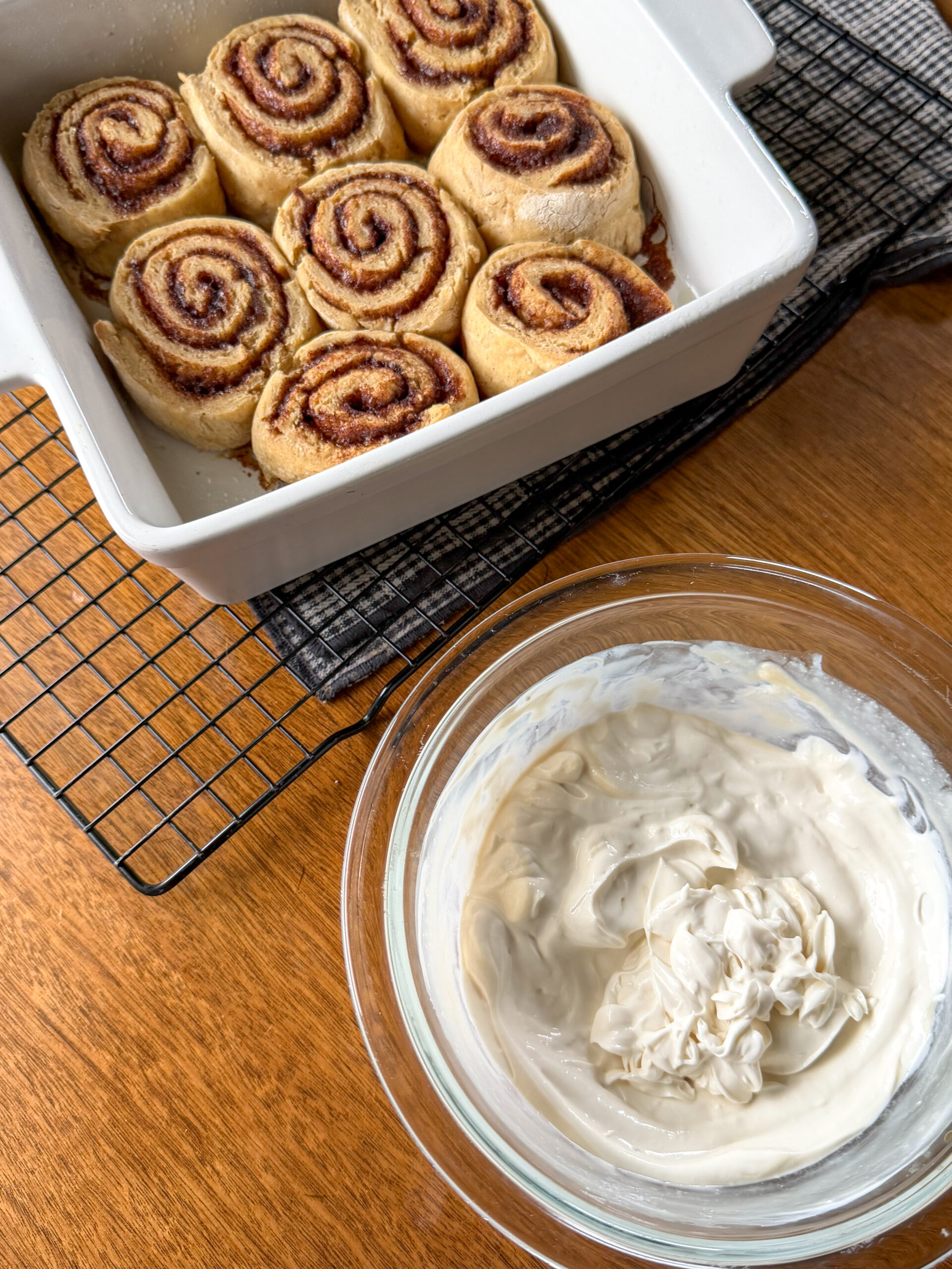 icing the Greek Yogurt Cinnamon Rolls (no yeast, soft + easy to make)