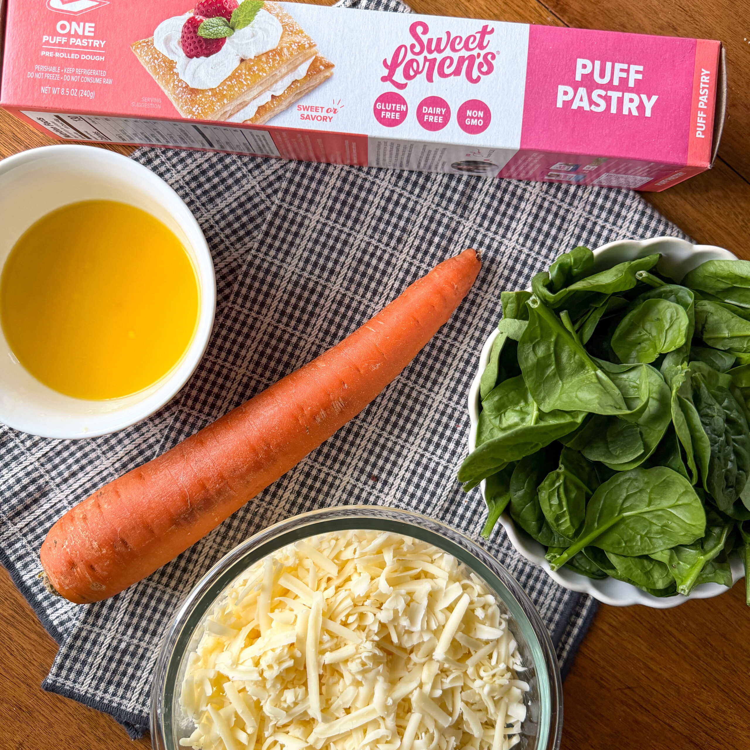 ingredients for the Spinach Puff Pastry Pinwheels (easy + toddler-friendly lunch!)