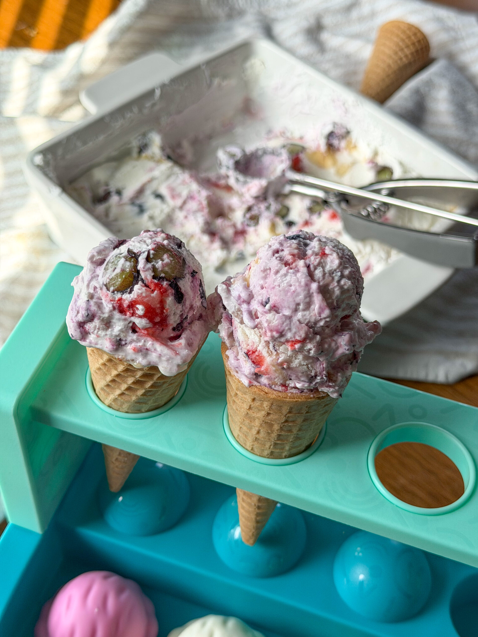Frozen Yogurt for Kids (easy, soft serve cones), healthy ice cream for toddlers sitting in ice cream holder