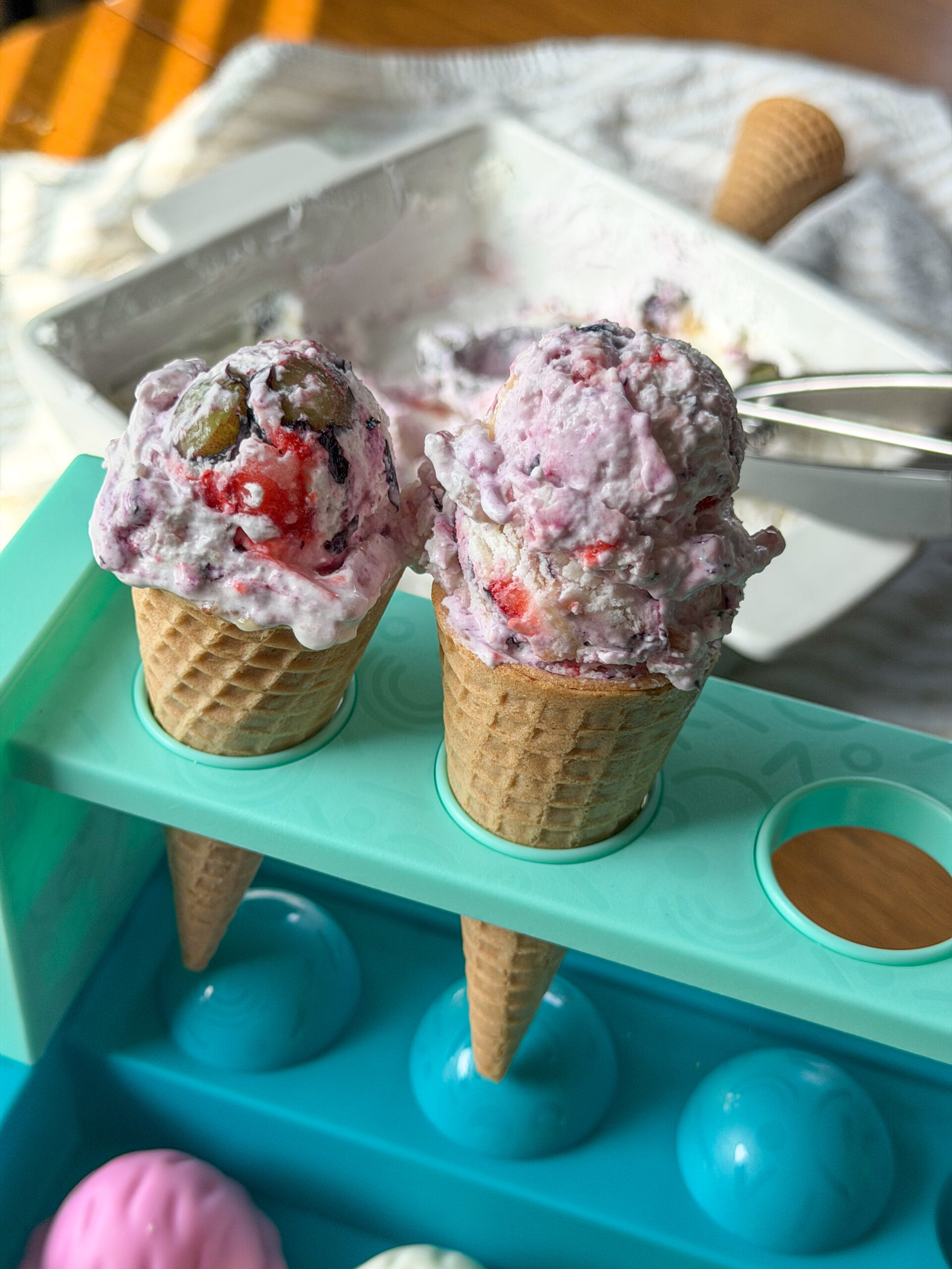 healthy frozen yogurt for kids in ice cream cones holder