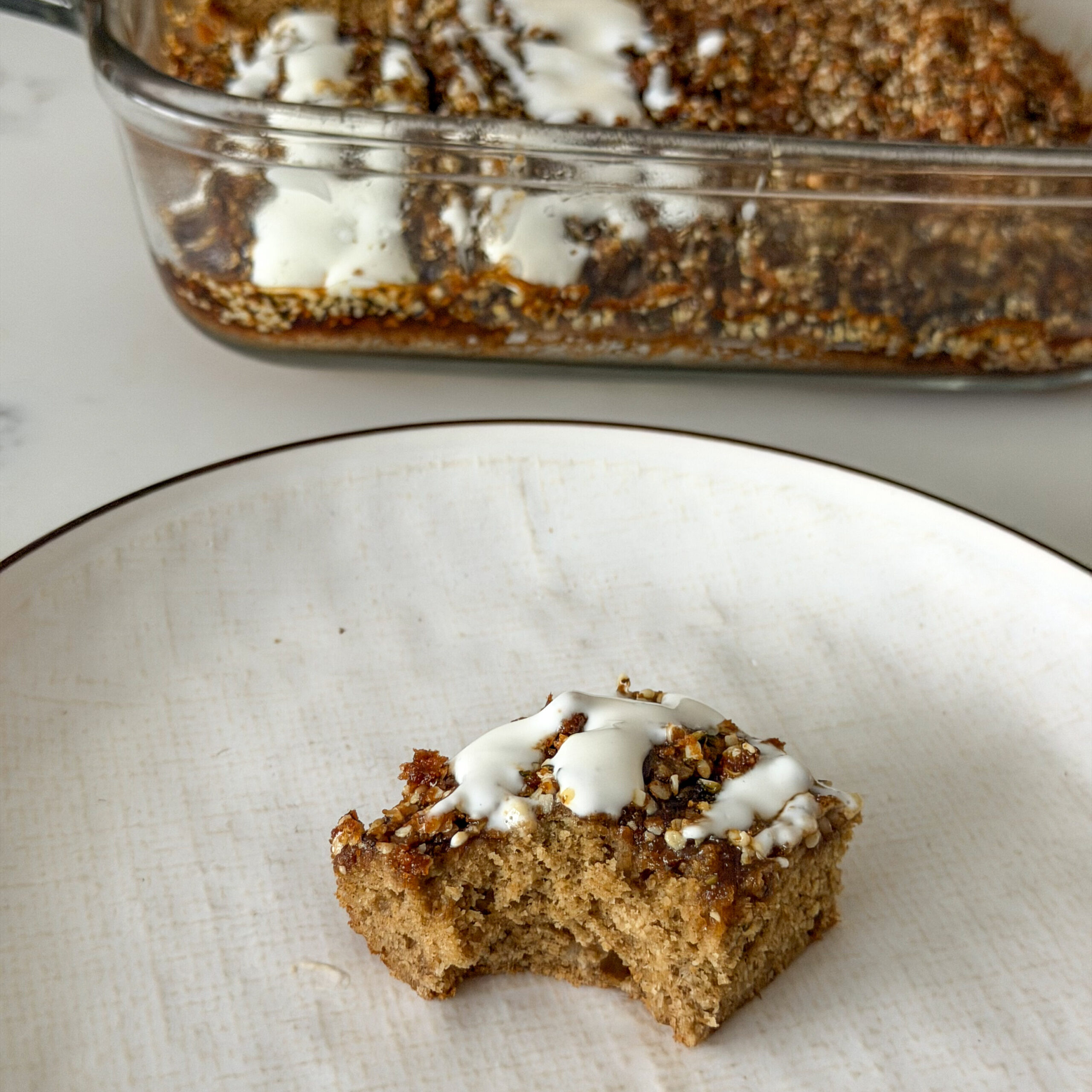 Cinnamon Roll Banana Bread bars (easy to make, no added sugar!)